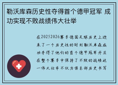 勒沃库森历史性夺得首个德甲冠军 成功实现不败战绩伟大壮举